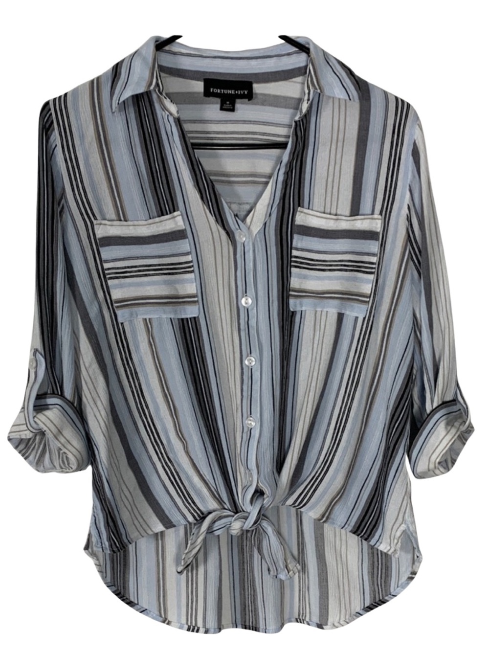 Preppy Fortune + Ivy Striped Tie Front 3/4 Sleeves V-Neck Shirt M Boho Classic